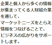 企業と個人から多くの情報が集まってくる人財紹介業を通して、マーケットニーズをとらえ情報をつなげることで、ビジネスの広がりをサポートします。